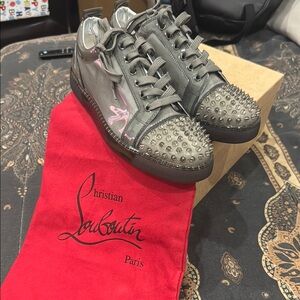 Christian Louboutin Metallic Gray Spiked Sneakers Louis Junior X Ray Flat